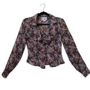 Vintage Try 1 Black Floral Ruffled Cropped Blouse Sz S Y2K, Feminine